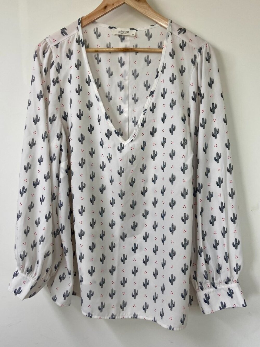 Jessy Women's White Red Black Catcus Print V Neck Long Sleeve Pullover Blouse 2X